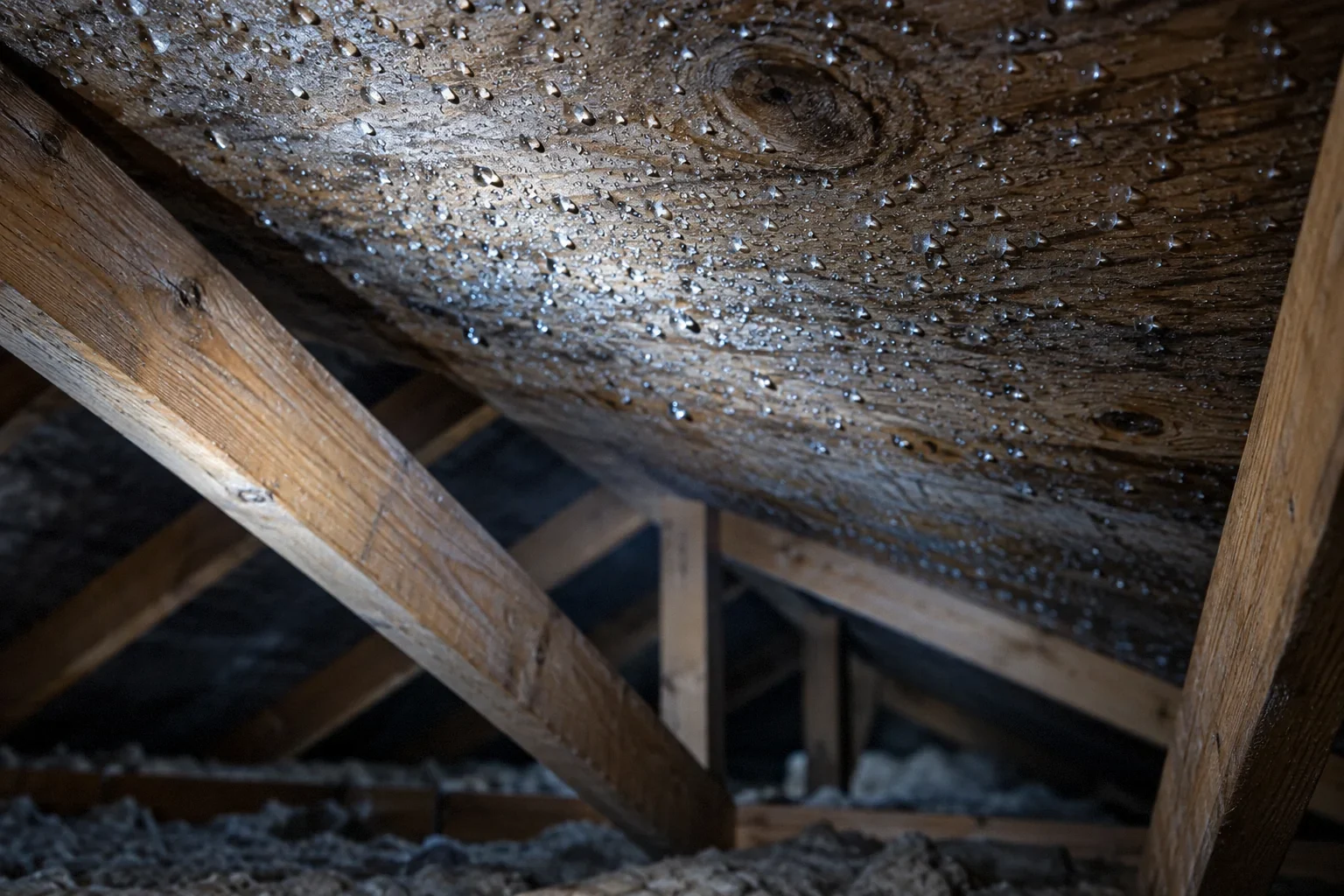 Upward view inside a dark timber attic.