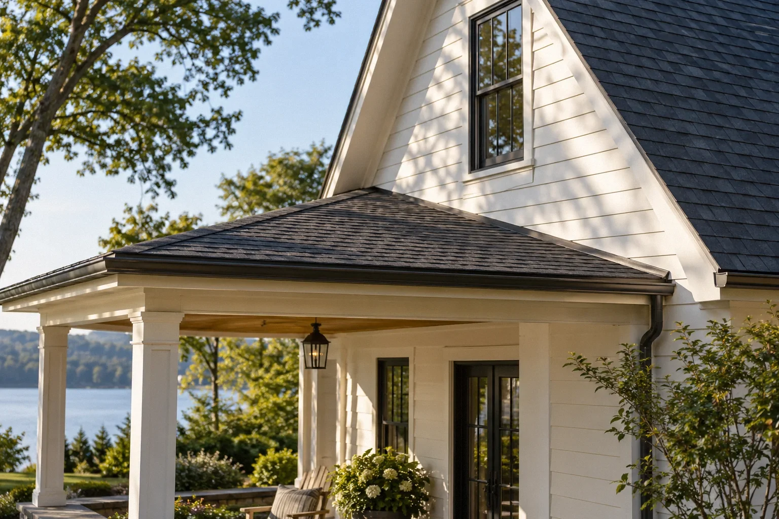 Side elevation of a shallow porch roof meeting a steep house roof.