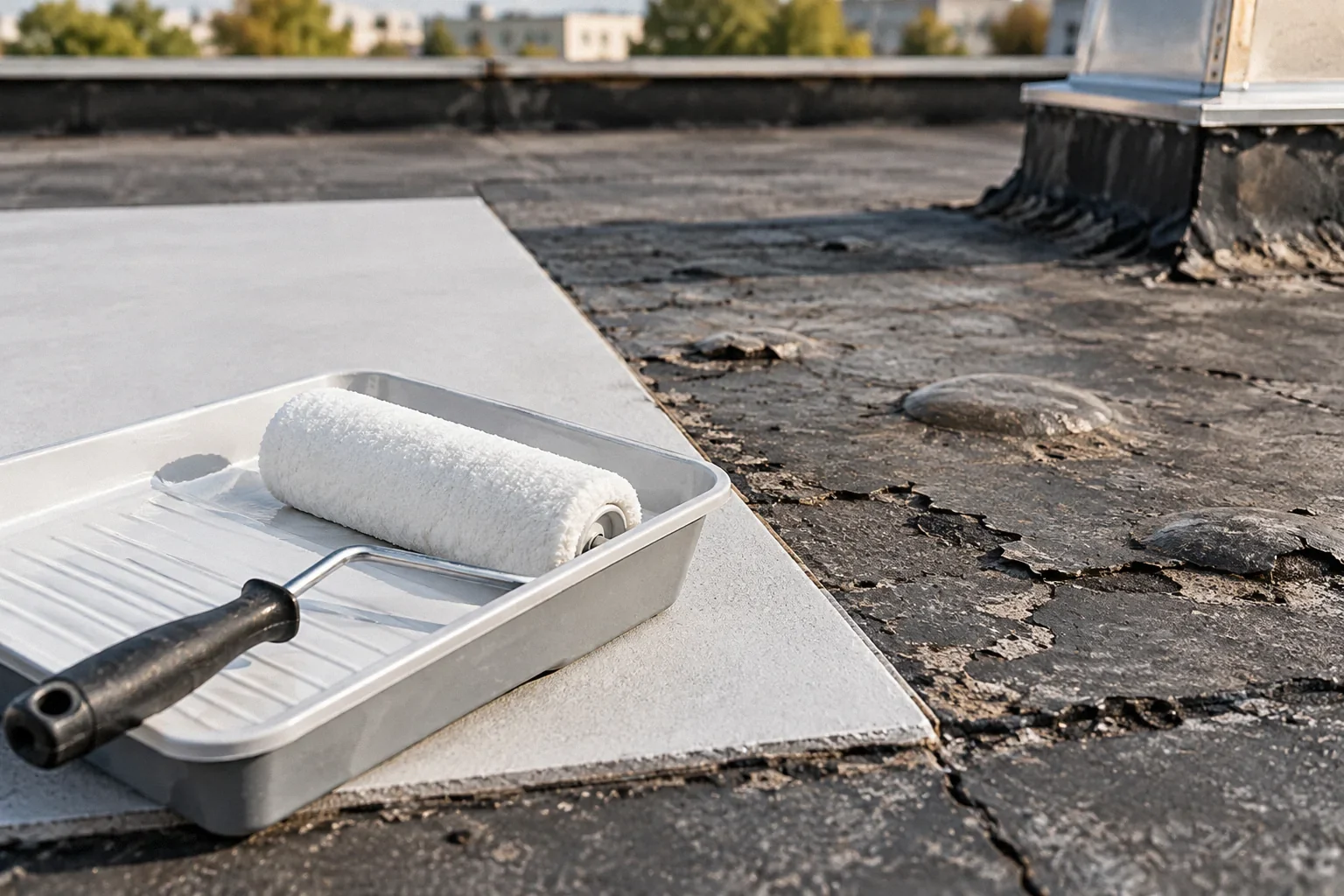 Unused white coating roller lying on a clean tray at the boundary between a dry sample panel and an old blistered flat-roof surface.