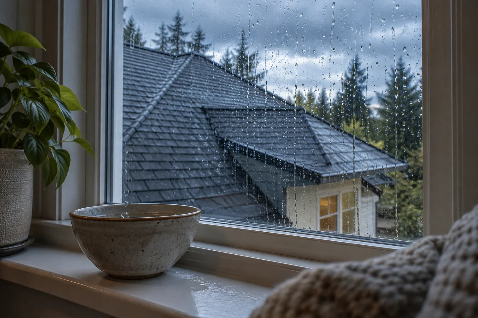 Freshly finished dark roof seen through a rain-speckled window from inside a room.