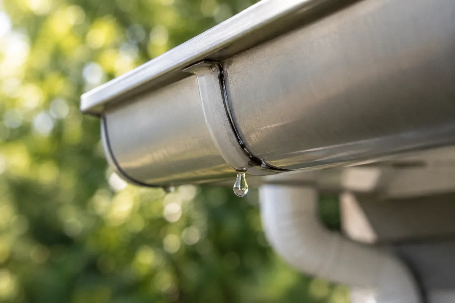 One water droplet suspended under a gutter seam while the top edge remains dry.