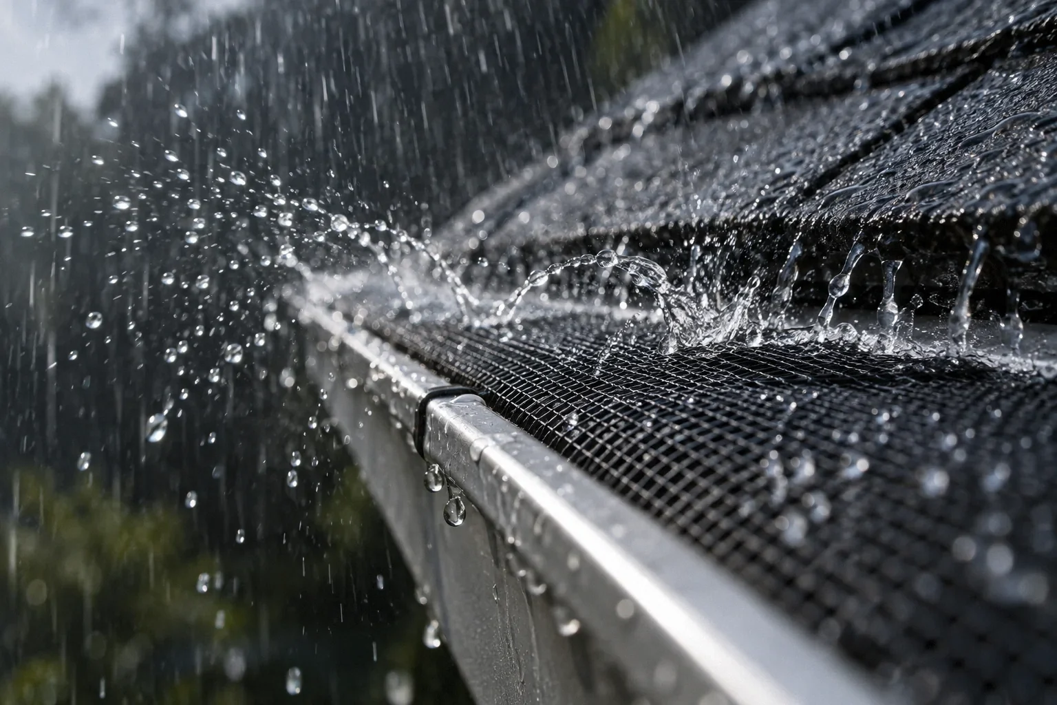 Rainwater skipping across fine gutter-guard mesh and spraying outward in small arcs.