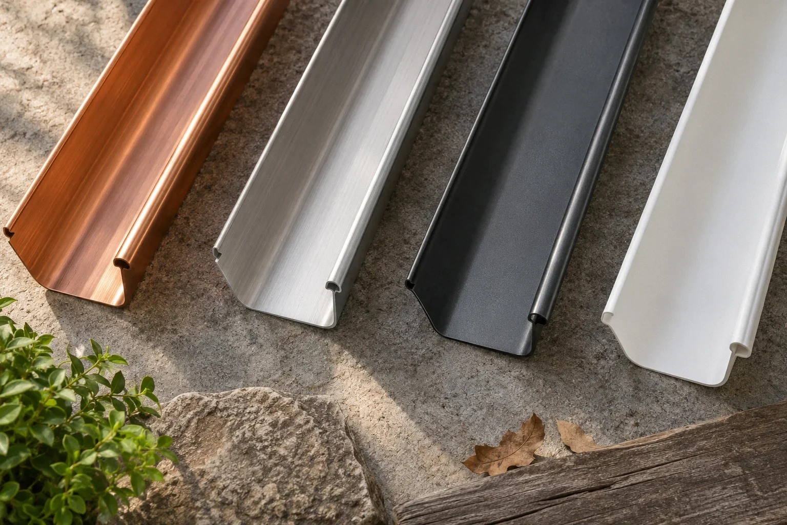 Four separated gutter material samples in copper.