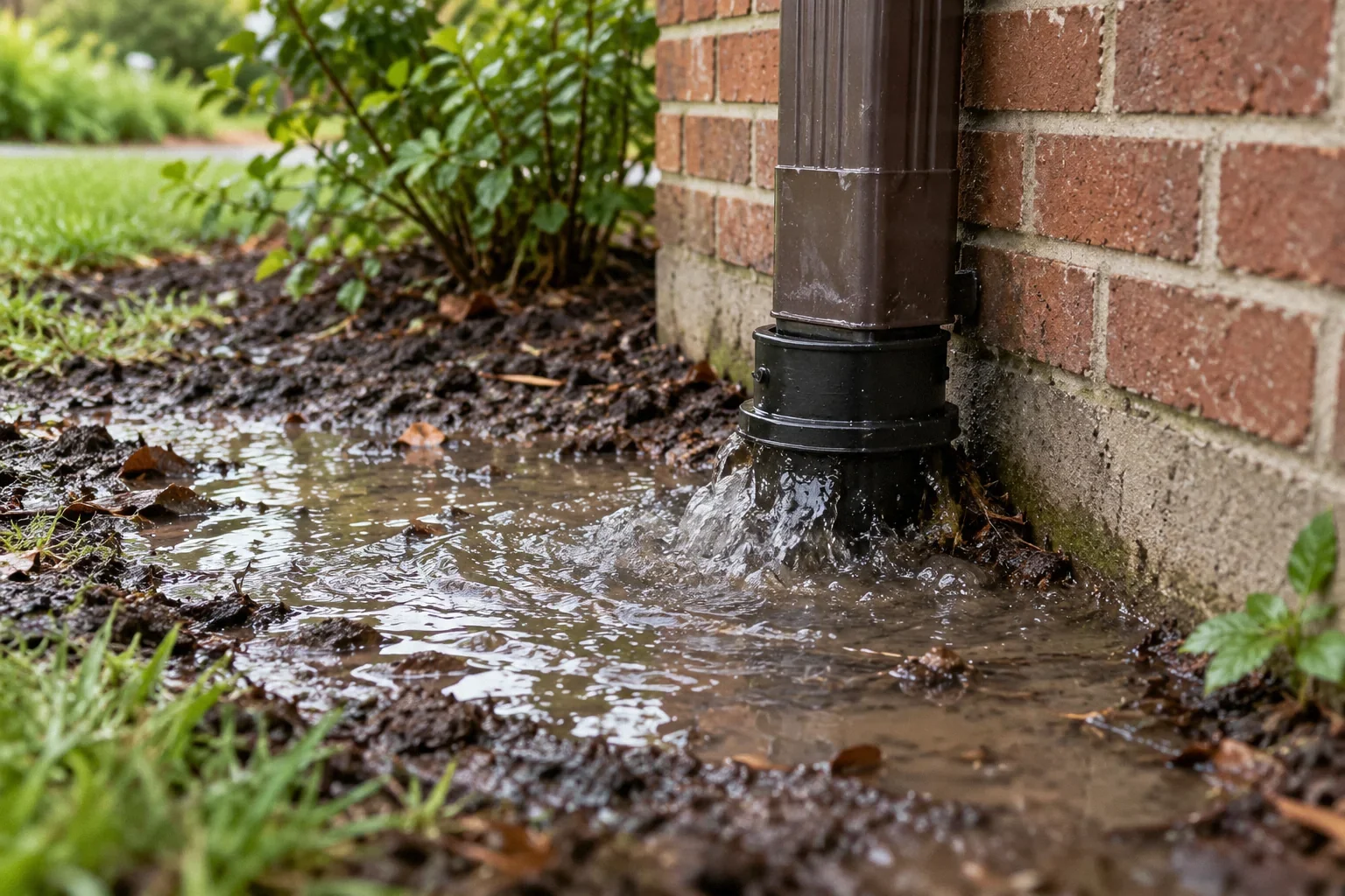Ground-level close-up of water welling up around an underground downspout connection beside a brick wall.