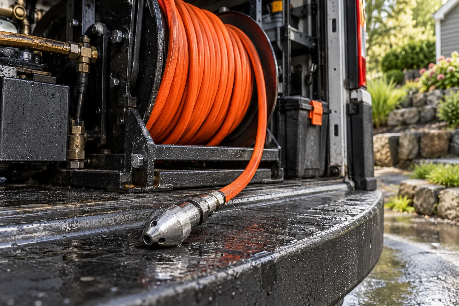 Industrial drain-cleaning hose reel and small metal jetting nozzle on a wet service van threshold.