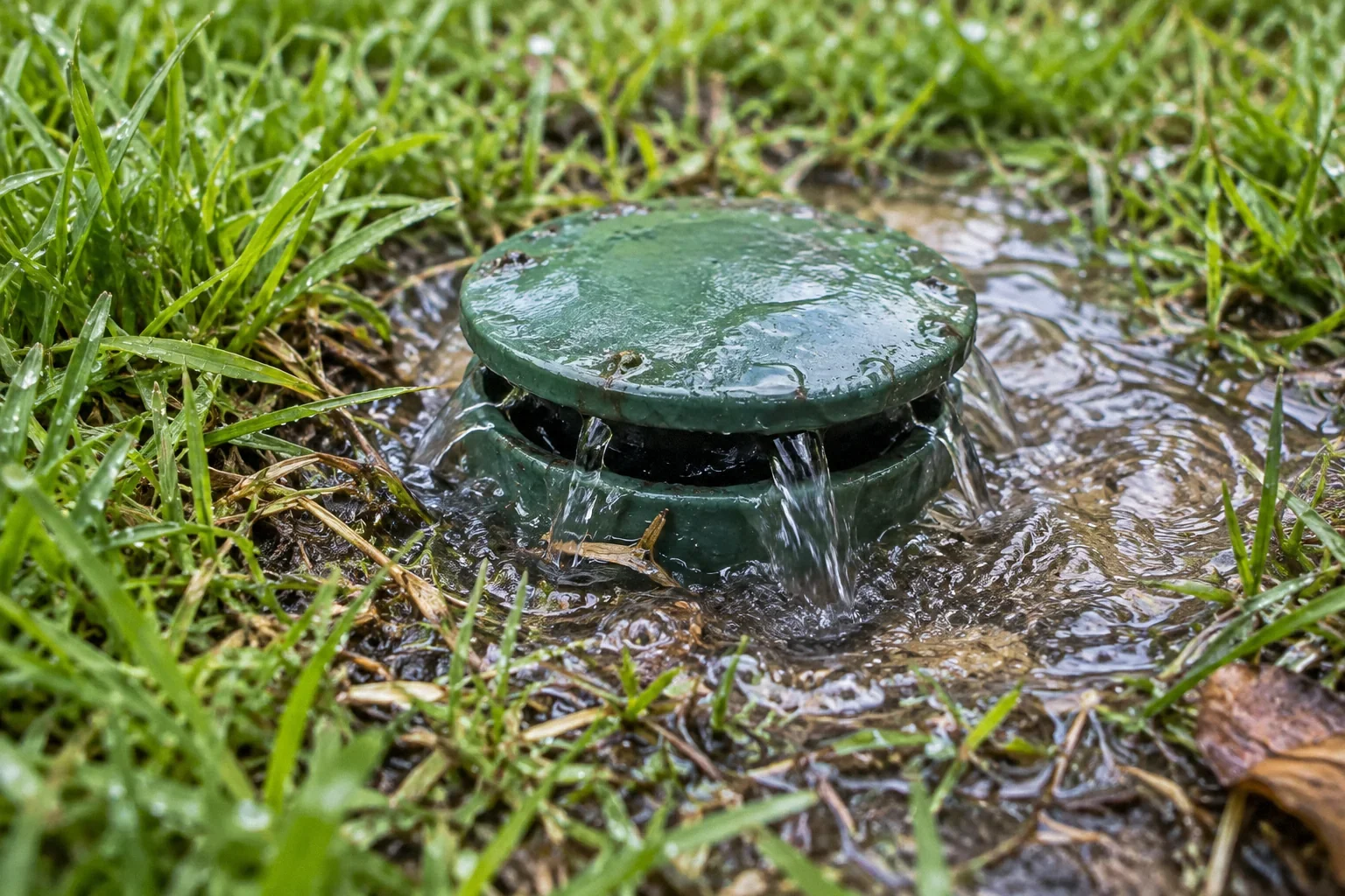 Close ground-level photograph of a green pop-up drain emitter cap lifted by flowing water in grass.