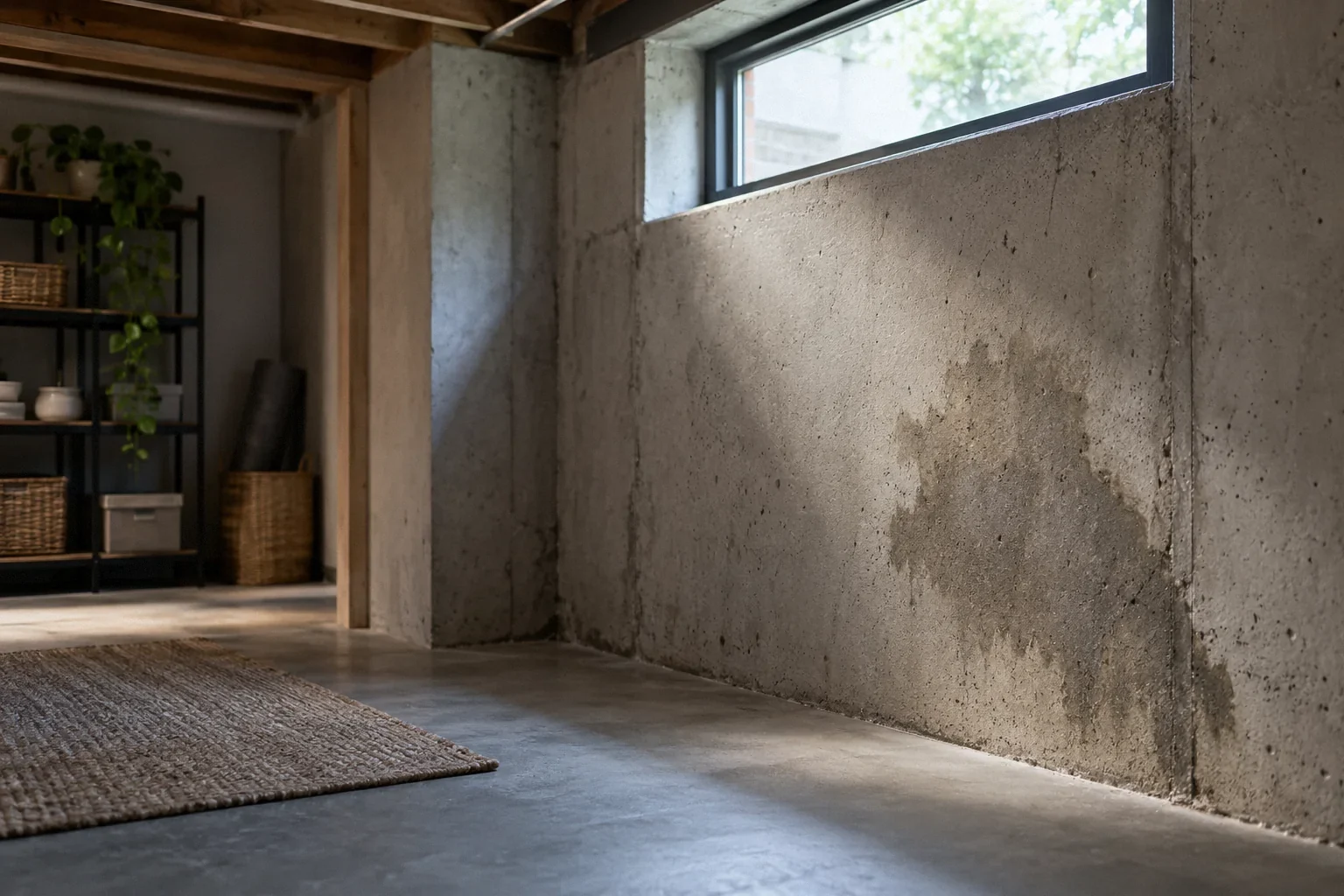 Basement concrete wall with a localized damp patch.