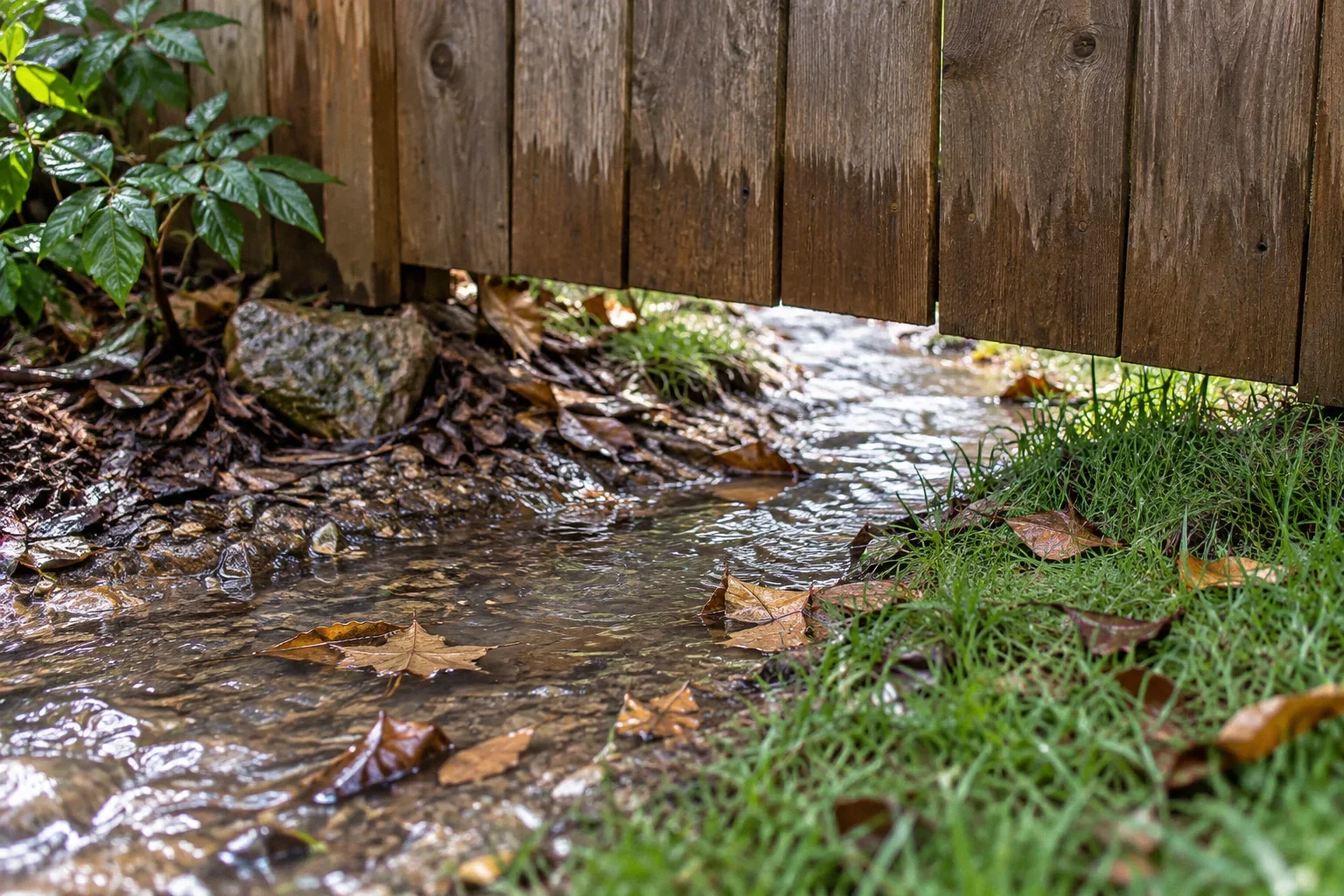 Shallow runoff crossing beneath a wooden boundary fence into a yard.