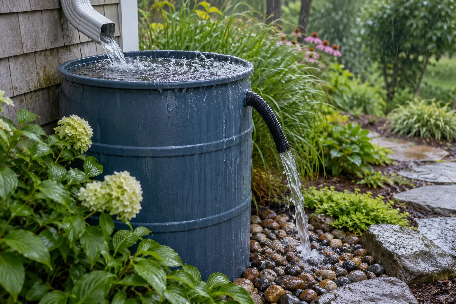 A rain barrel filled to its rim during rain with water leaving a separate visible overflow hose into a stone bed.