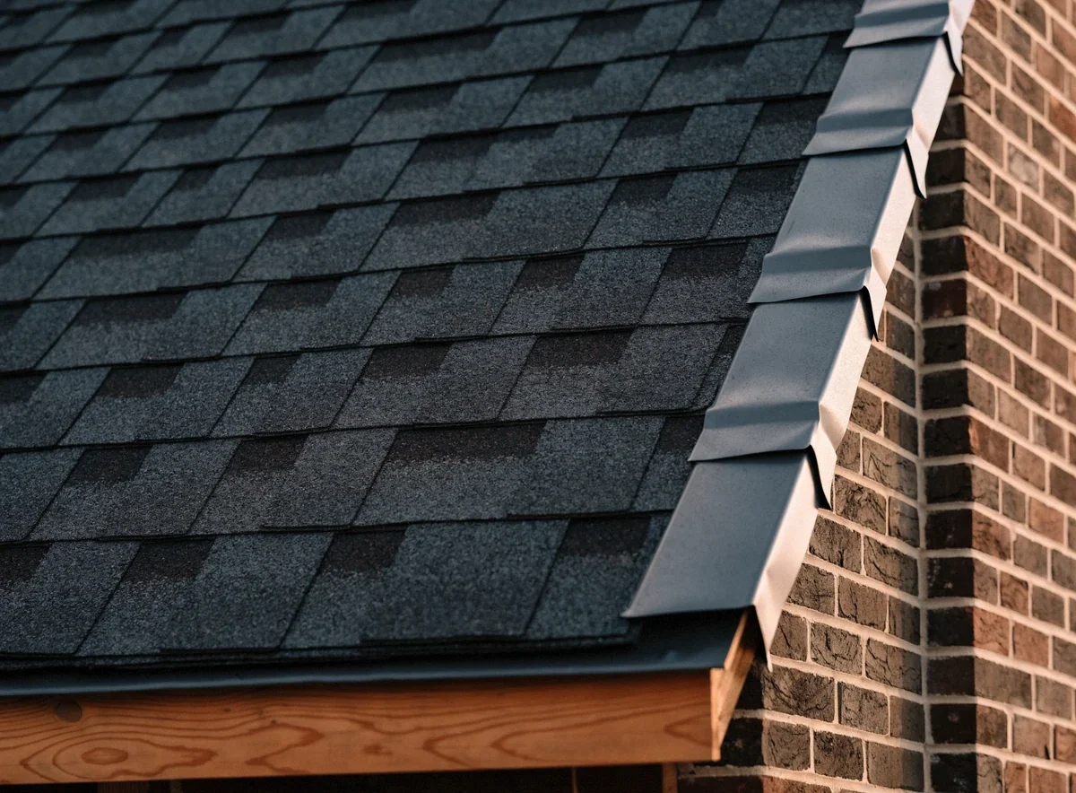 Textured roof shingles beside metal flashing and brickwork